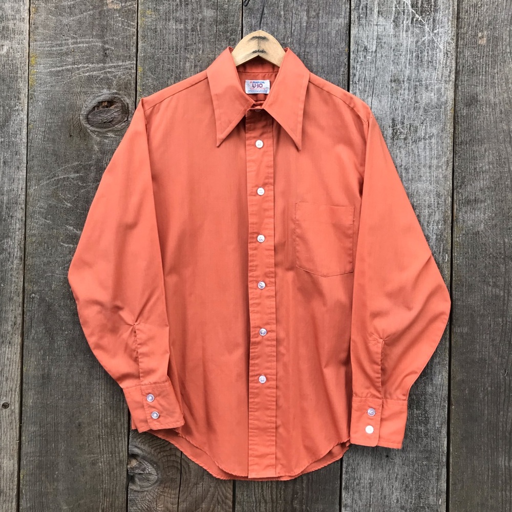 VTG 70s Manhattan U-30 Dagger Collar Salmon Orange Button Up 16